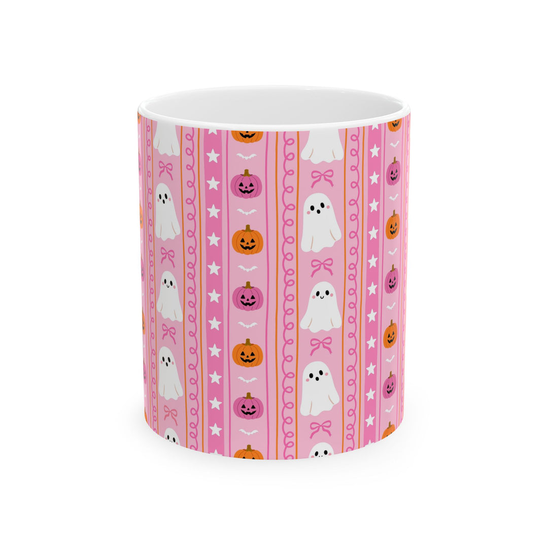 Pink Halloween Ghost Stripe Ceramic Mug, Cute Pumpkin Bow Coffee Cup, Pastel Spooky Gift, 11oz and 15oz