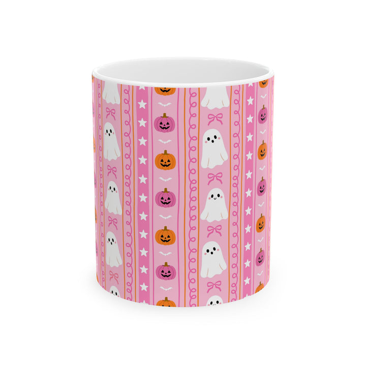 Pink Halloween Ghost Stripe Ceramic Mug, Cute Pumpkin Bow Coffee Cup, Pastel Spooky Gift, 11oz and 15oz