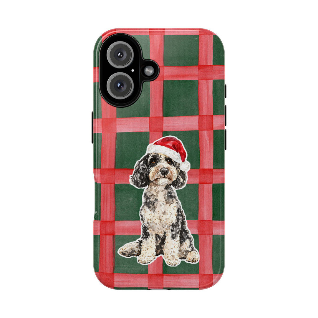 Doodle Christmas Tough iPhone Case, Red Green Plaid, Santa Dog Phone Cover