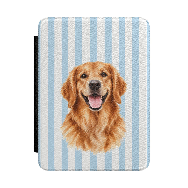 Custom Watercolor Dog Kindle Case, Light Blue White Stripes, Personalized Pet Photo Cover, 7 Inch Paperwhite Colorsoft