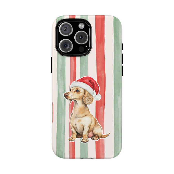 Dachshund Christmas Tough iPhone Case, Red Sage Stripes, Santa Dog Phone Cover