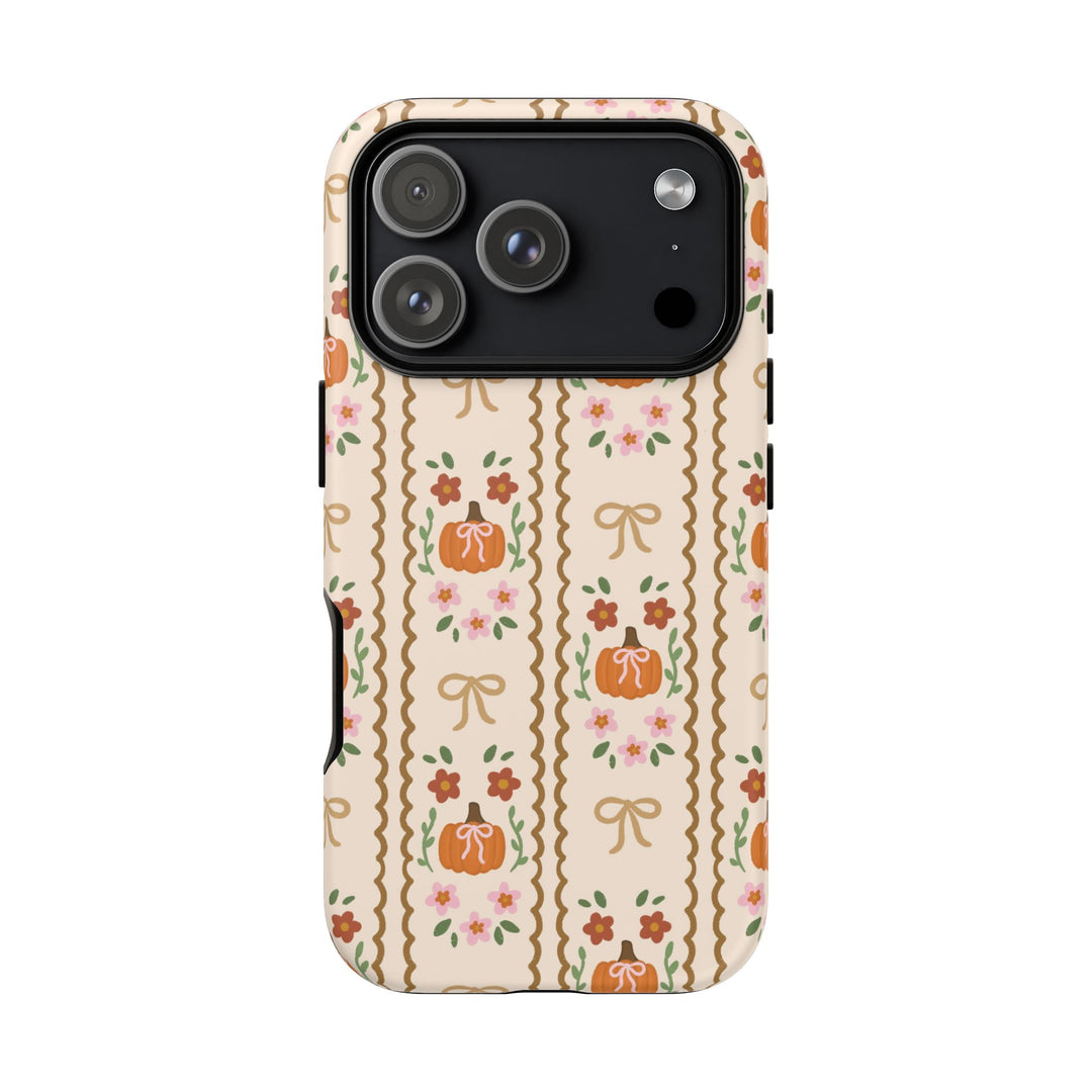 Girly Fall Pumpkin Bow Tough iPhone Case, Scalloped Floral Autumn Phone Cover, Matte or Glossy