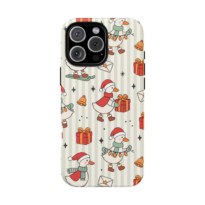 Christmas Goose Tough iPhone Case, Cute Holiday Geese Green Stripe Phone Cover, Matte or Glossy