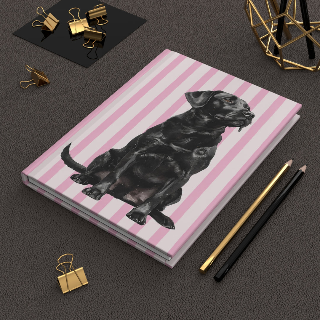 Black Lab Journal, Pink Stripe Hardcover Notebook, Labrador Mom Gift, New Puppy Gift