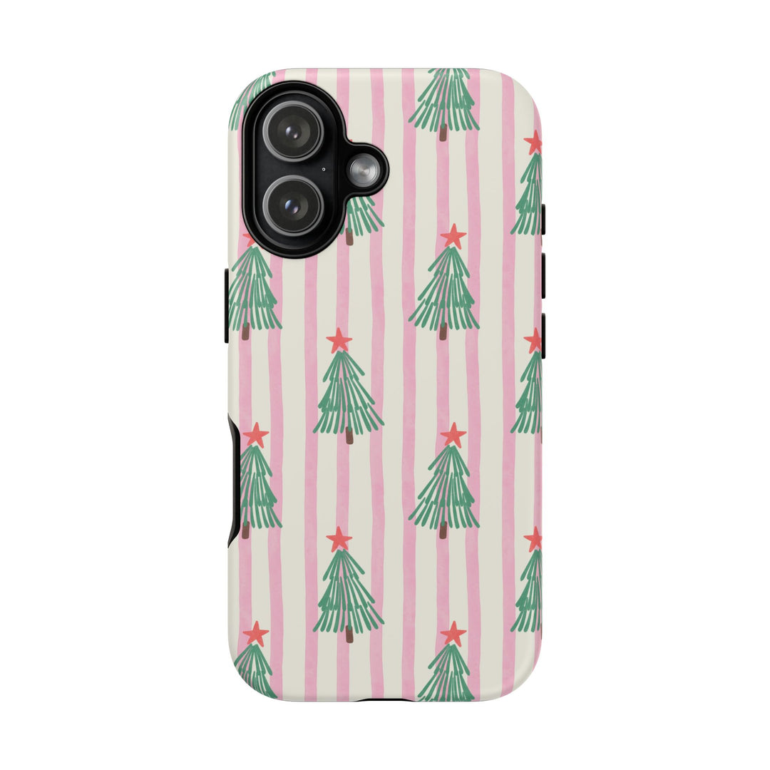 Retro Christmas Tree Tough iPhone Case, Pink Stripe Green Tree Holiday Phone Cover, Matte or Glossy