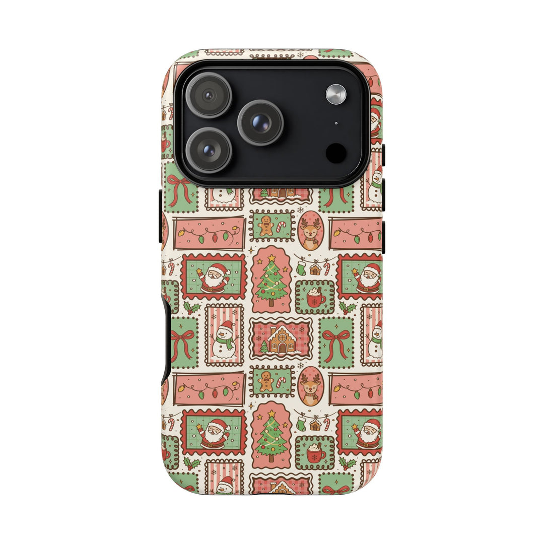Vintage Christmas Frames Tough iPhone Case, Santa Snowman Gingerbread Holiday Phone Cover, Matte or Glossy
