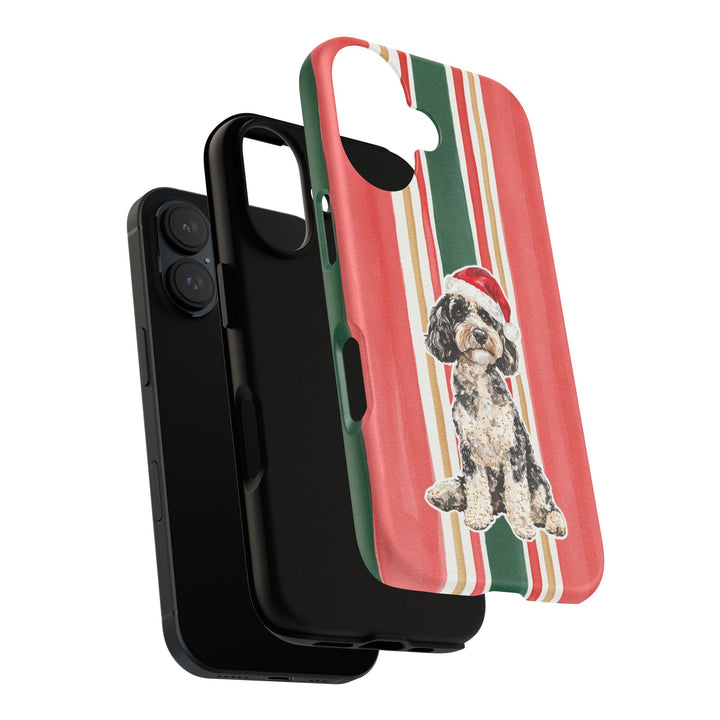 Doodle Christmas Tough iPhone Case, Classic Red Green Stripes, Santa Dog Phone Cover