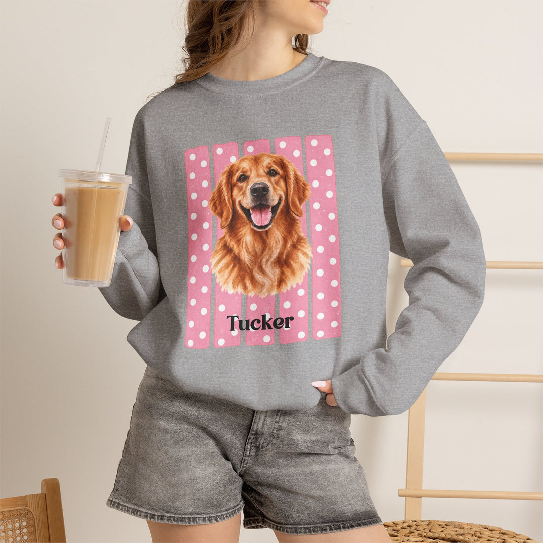 Custom Watercolor Dog Sweatshirt with Name, Pink Polka Dot Stripes