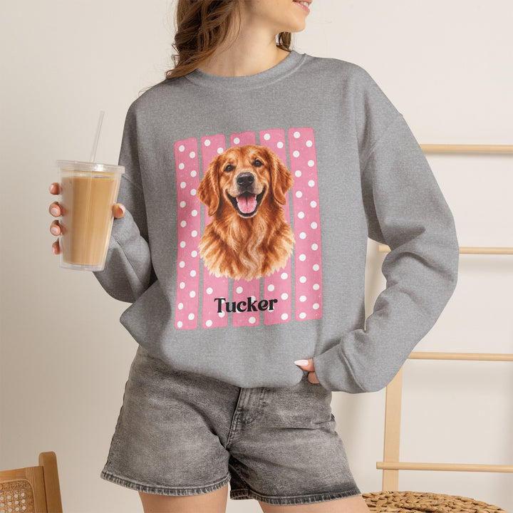 Custom Watercolor Dog Sweatshirt with Name, Pink Polka Dot Stripes