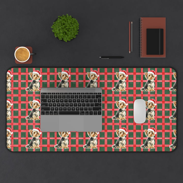 Yorkshire Terrier Christmas Desk Mat, Red Green Plaid, Santa Dog Desk Pad