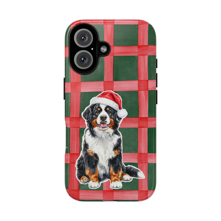 Bernese Mountain Dog Christmas Tough iPhone Case, Red Green Plaid, Santa Dog Phone Cover