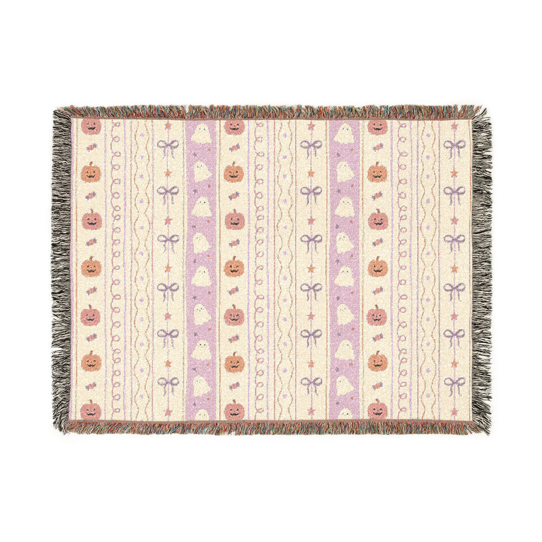Pastel Halloween Pumpkin Ghost Woven Blanket, Pink Candy Bow Stripe Cotton Throw, Cute Spooky Home Decor