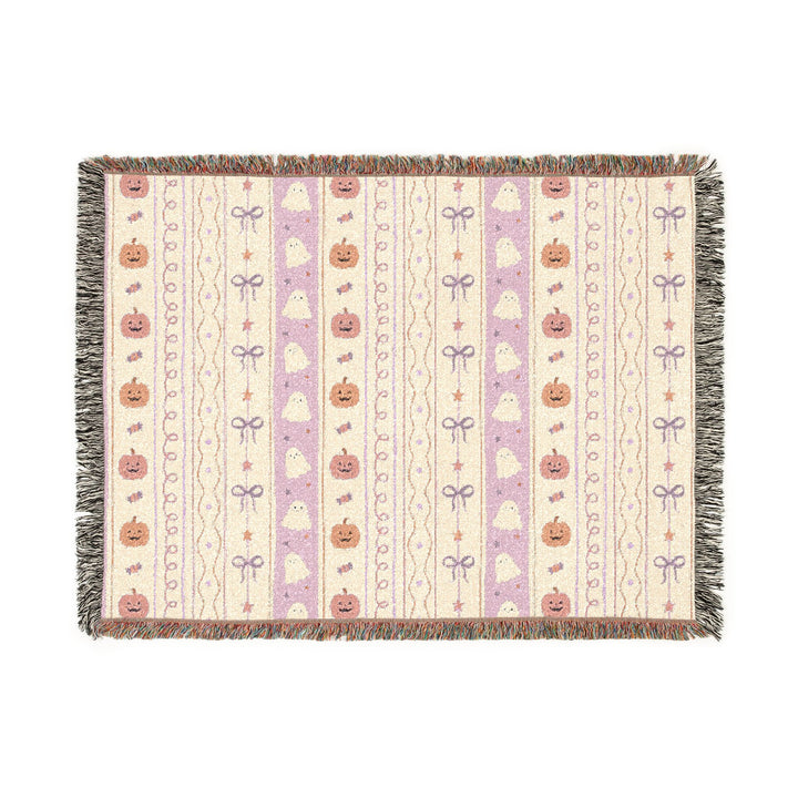 Pastel Halloween Pumpkin Ghost Woven Blanket, Pink Candy Bow Stripe Cotton Throw, Cute Spooky Home Decor