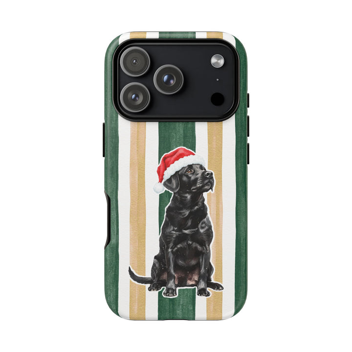 Black Labrador Christmas Tough iPhone Case, Green Gold Stripes, Santa Dog Phone Cover