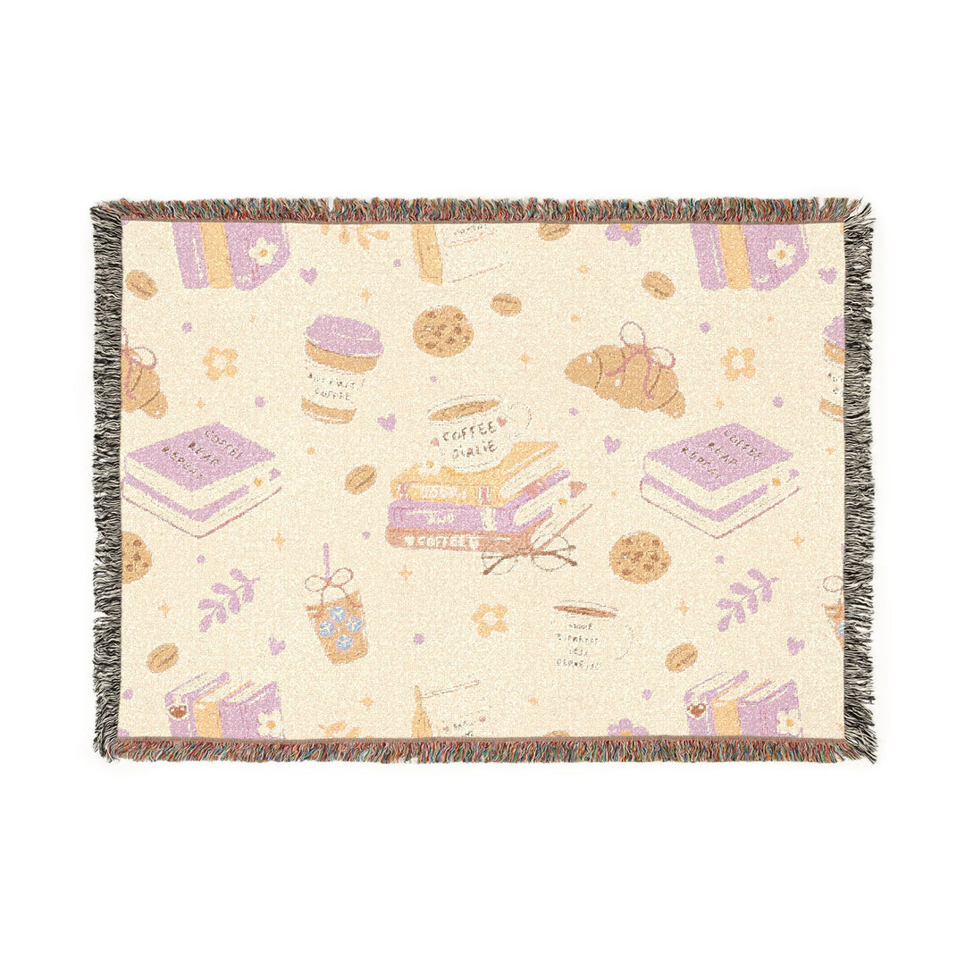Coffee and Books Woven Blanket, Pastel Pink Cotton Throw, Cozy Book Lover Gift