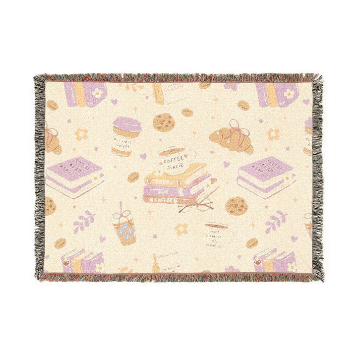 Coffee and Books Woven Blanket, Pastel Pink Cotton Throw, Cozy Book Lover Gift