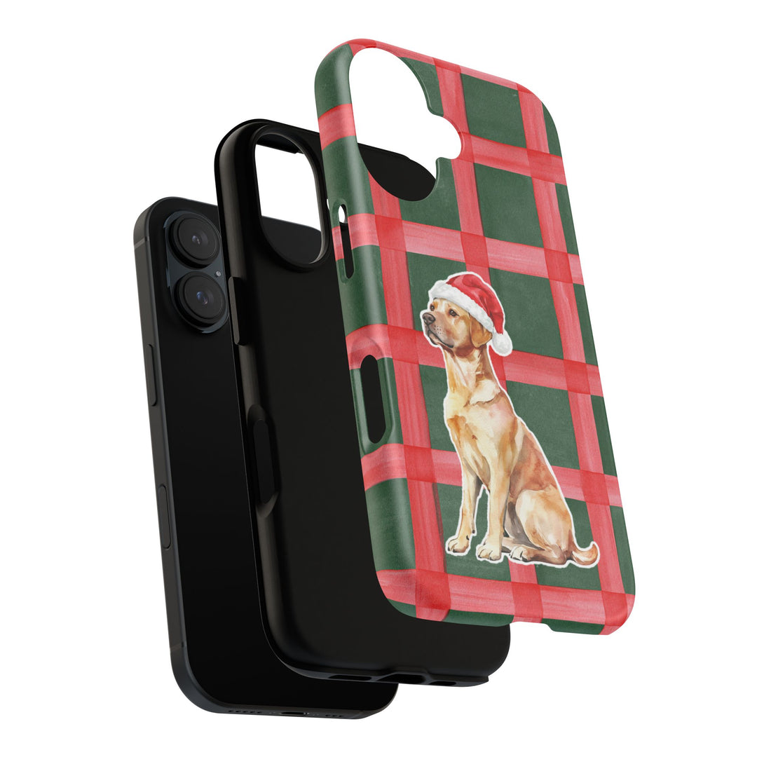 Yellow Labrador Christmas Tough iPhone Case, Red Green Plaid, Santa Dog Phone Cover