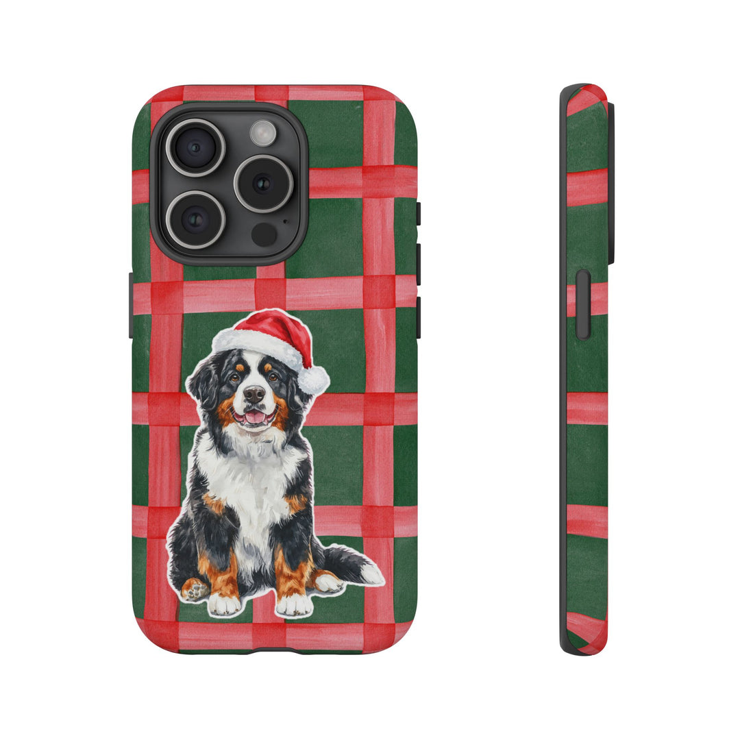 Bernese Mountain Dog Christmas Tough iPhone Case, Red Green Plaid, Santa Dog Phone Cover