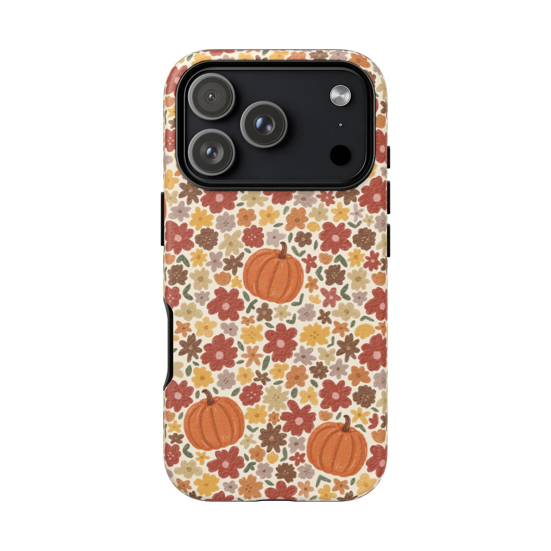 Floral Pumpkin Tough iPhone Case, Warm Autumn Flowers Fall Phone Cover, Matte or Glossy