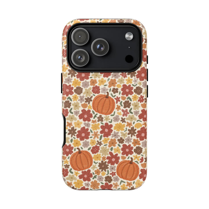 Floral Pumpkin Tough iPhone Case, Warm Autumn Flowers Fall Phone Cover, Matte or Glossy