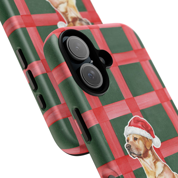 Yellow Labrador Christmas Tough iPhone Case, Red Green Plaid, Santa Dog Phone Cover
