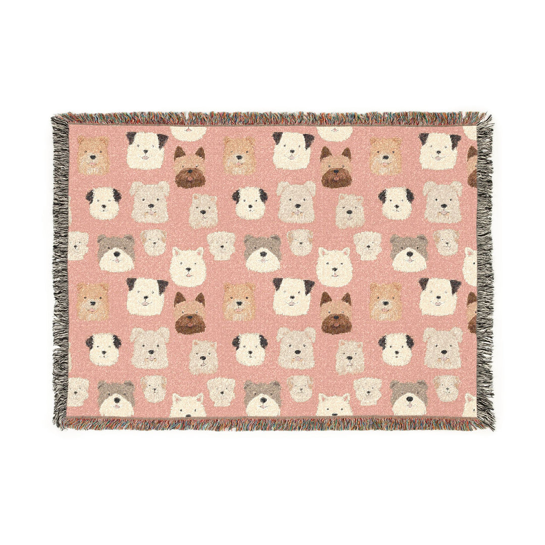 Cute Dog Woven Blanket, Pink Puppy Pattern Cotton Throw, Dog Lover Gift, Fringed Sofa Blanket