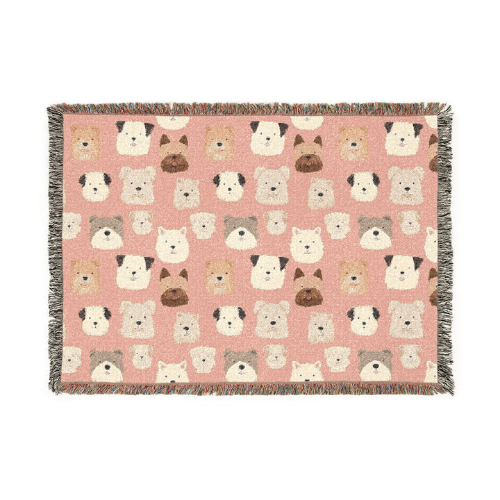 Cute Dog Woven Blanket, Pink Puppy Pattern Cotton Throw, Dog Lover Gift, Fringed Sofa Blanket