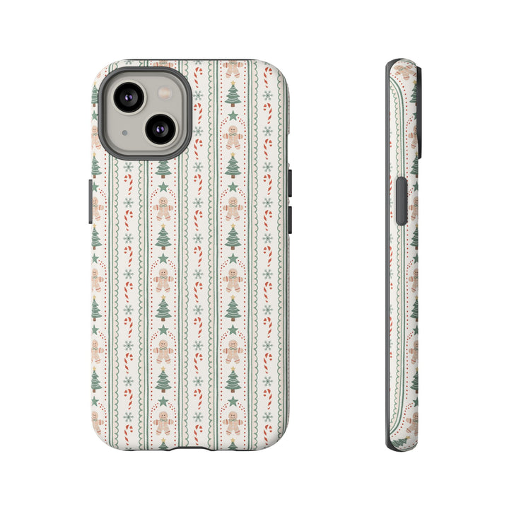 Gingerbread Stripe Tough iPhone Case, Sage Green Christmas Tree Holiday Phone Cover, Matte or Glossy