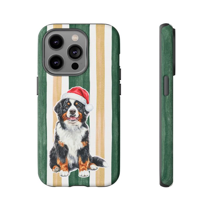 Bernese Mountain Dog Christmas Tough iPhone Case, Green Gold Stripes, Santa Dog Phone Cover