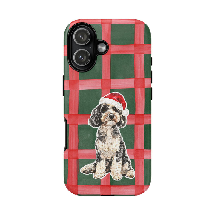 Doodle Christmas Tough iPhone Case, Red Green Plaid, Santa Dog Phone Cover