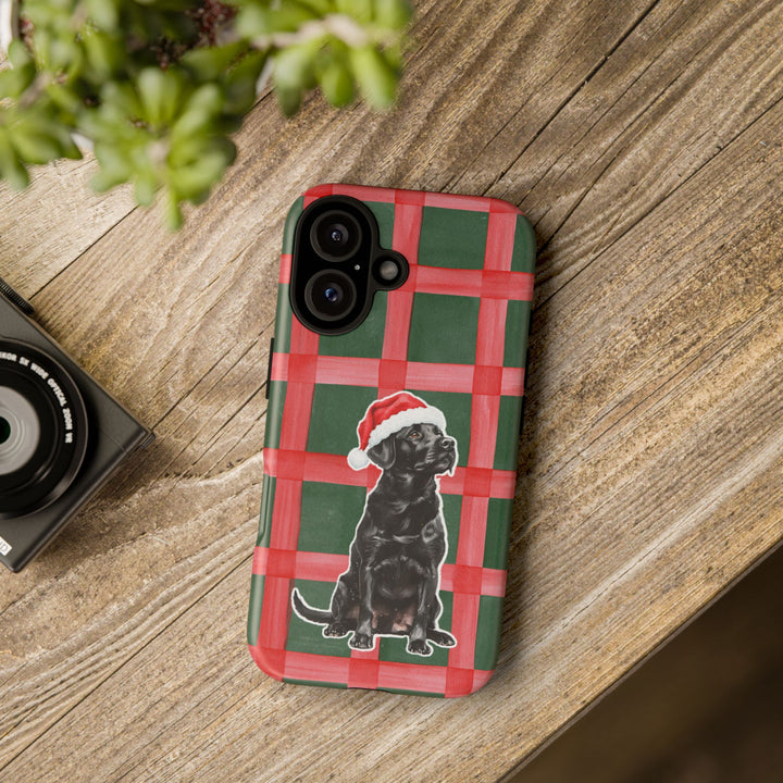 Black Labrador Christmas Tough iPhone Case, Red Green Plaid, Santa Dog Phone Cover