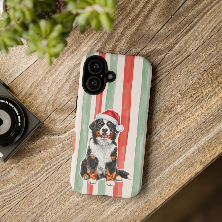Bernese Mountain Dog Christmas Tough iPhone Case, Red Sage Stripes, Santa Dog Phone Cover