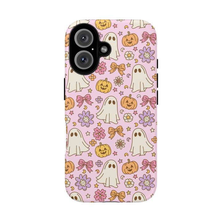 Vintage Ghost Floral Tough iPhone Case, Pink Halloween Pumpkin Bow Phone Cover, Matte or Glossy