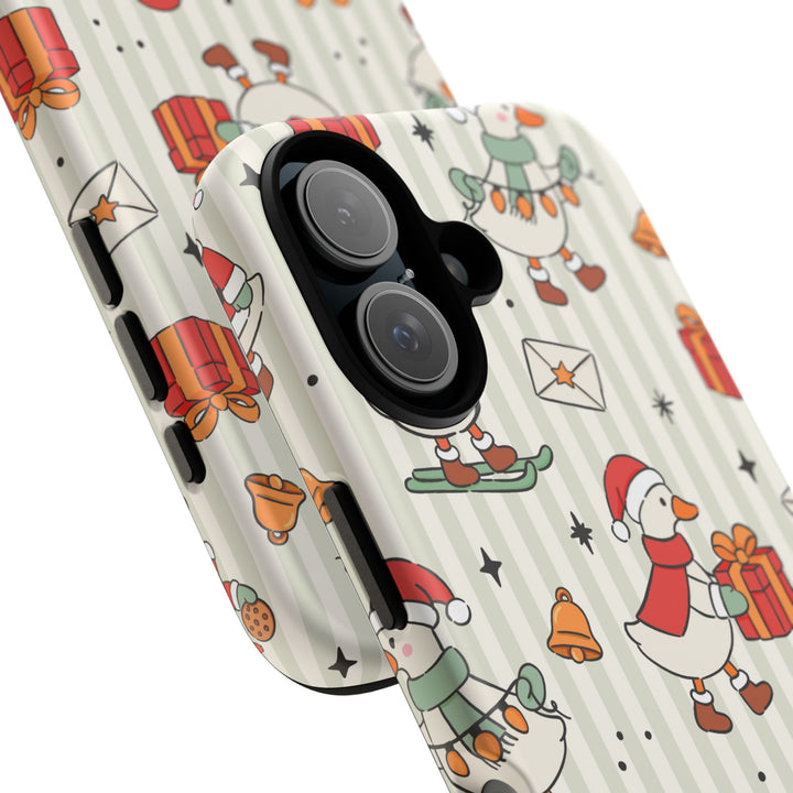 Christmas Goose Tough iPhone Case, Cute Holiday Geese Green Stripe Phone Cover, Matte or Glossy
