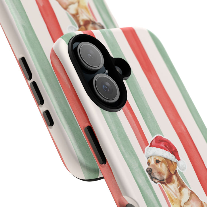 Yellow Labrador Christmas Tough iPhone Case, Red Sage Stripes, Santa Dog Phone Cover