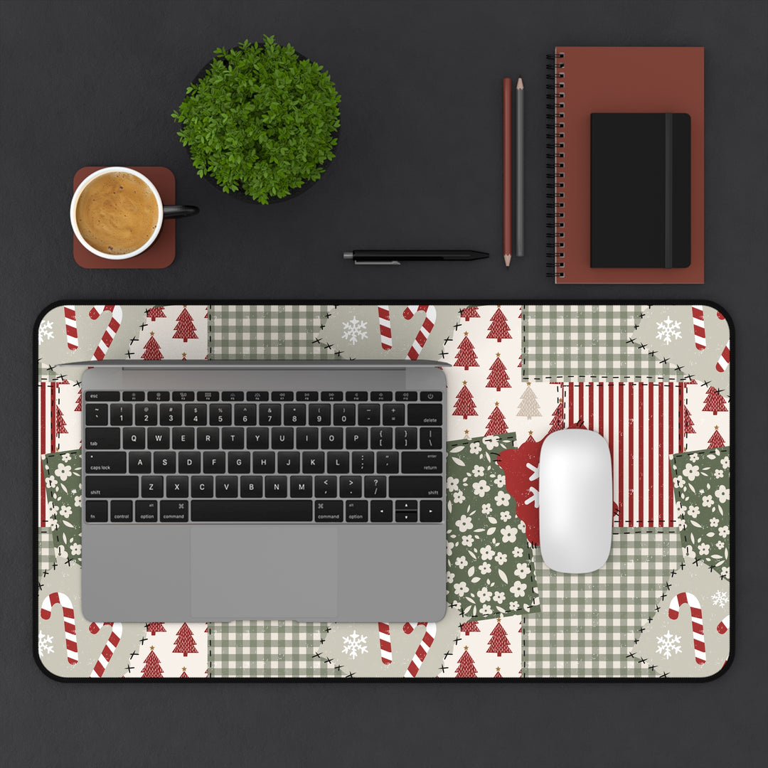 Christmas Patchwork Desk Mat, Red and Sage Floral Gingham Desk Pad, Holiday Large Mouse Pad