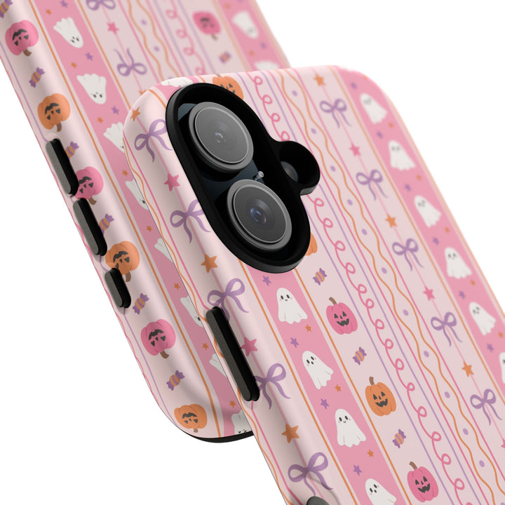 Pastel Halloween Stripe Tough iPhone Case, Pink Ghost Pumpkin Lavender Bow Phone Cover, Matte or Glossy