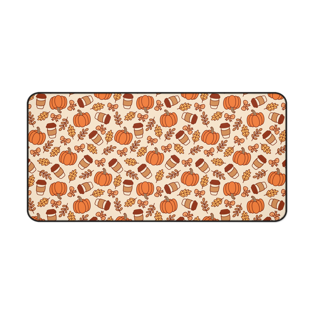 Fall Pumpkin Coffee Desk Mat, Autumn Leaves and Bows Desk Pad, Cozy Large Mouse Pad