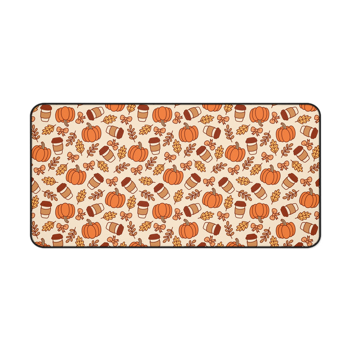 Fall Pumpkin Coffee Desk Mat, Autumn Leaves and Bows Desk Pad, Cozy Large Mouse Pad