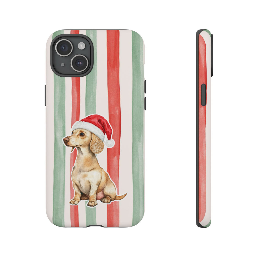 Dachshund Christmas Tough iPhone Case, Red Sage Stripes, Santa Dog Phone Cover