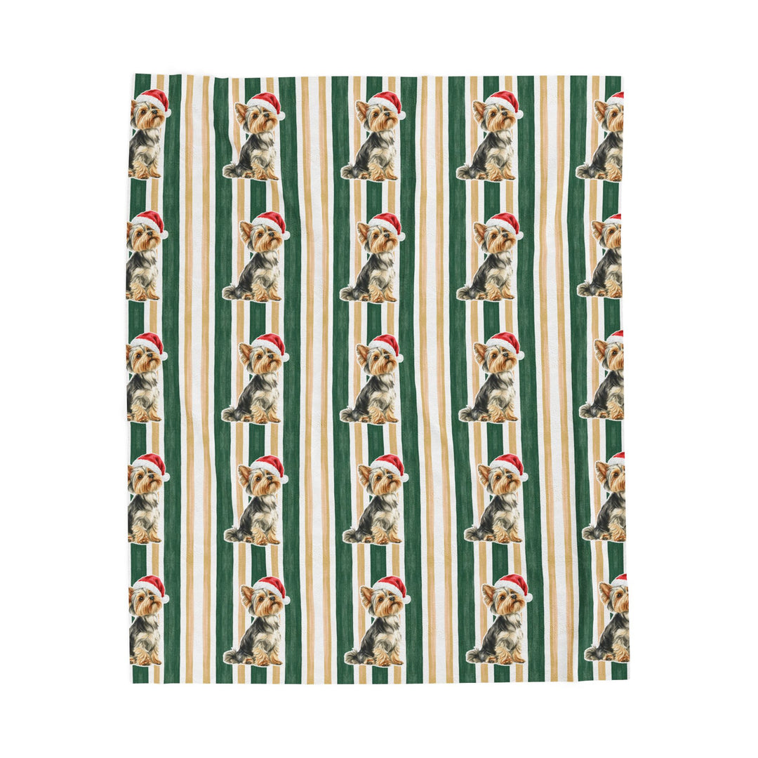 Yorkshire Terrier Christmas Velveteen Plush Blanket, Green Gold Stripes, Santa Dog Throw