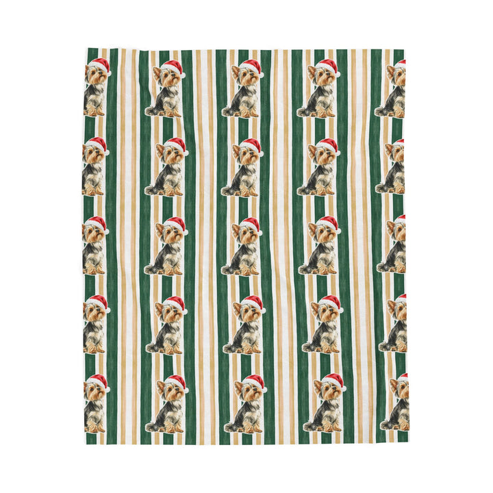 Yorkshire Terrier Christmas Velveteen Plush Blanket, Green Gold Stripes, Santa Dog Throw