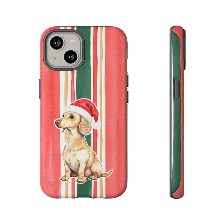 Dachshund Christmas Tough iPhone Case, Classic Red Green Stripes, Santa Dog Phone Cover