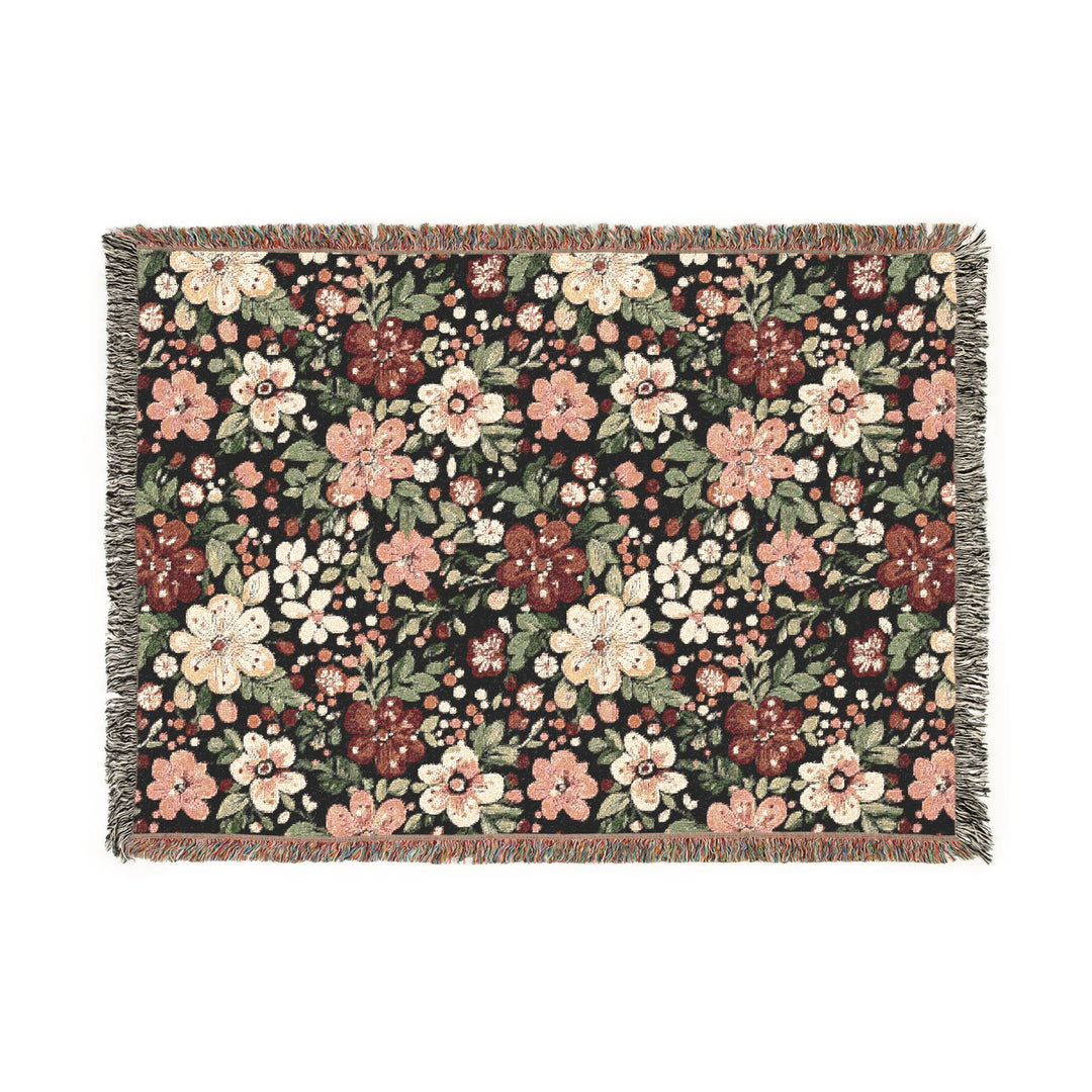 Retro Floral Woven Blanket, Dark Botanical Cotton Throw, Red Pink Flower Sofa Blanket, Christmas Gift