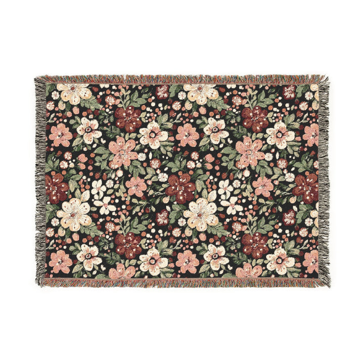 Retro Floral Woven Blanket, Dark Botanical Cotton Throw, Red Pink Flower Sofa Blanket, Christmas Gift