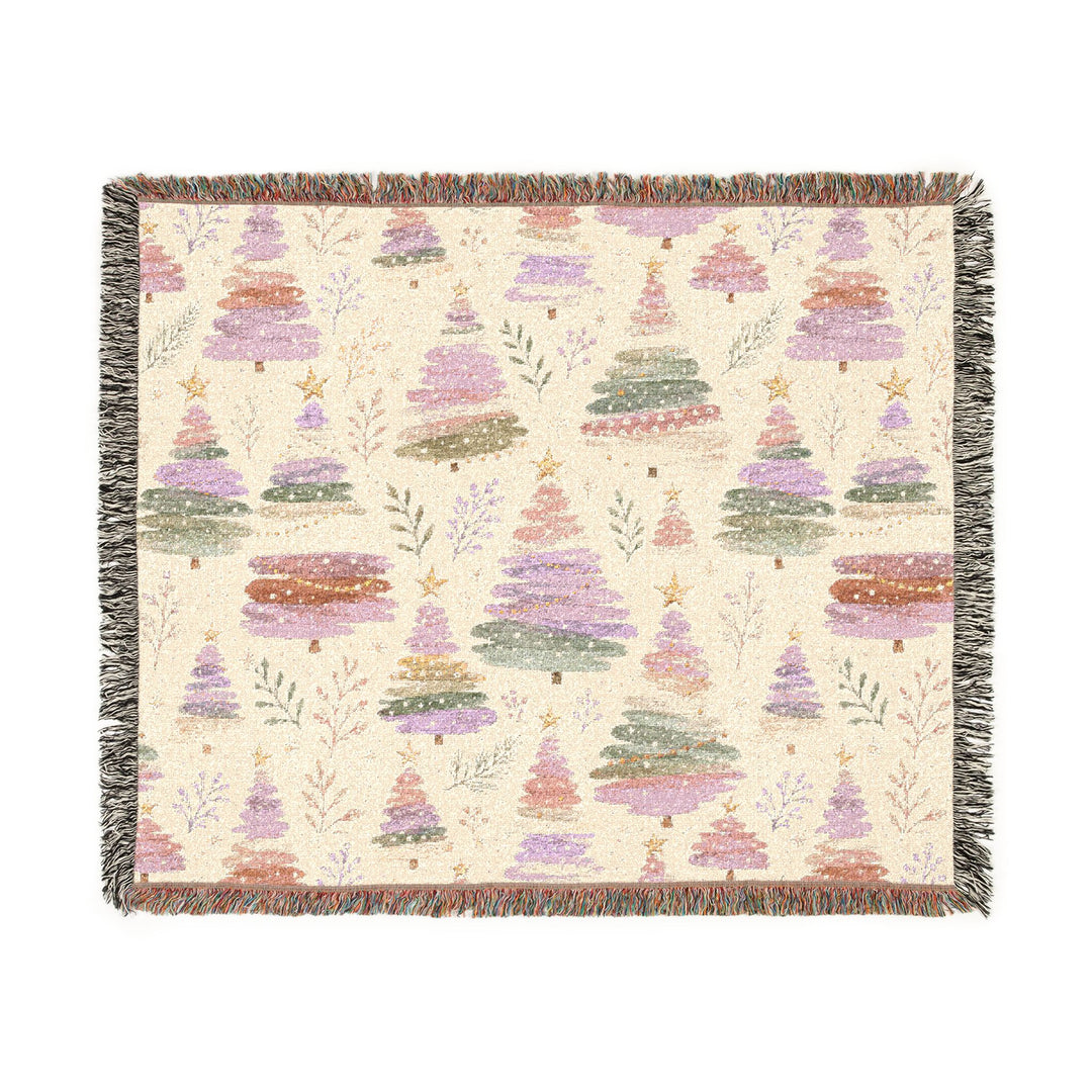 Pastel Christmas Tree Woven Blanket, Pink Lavender Sage Cotton Throw, Watercolor Holiday Sofa Decor