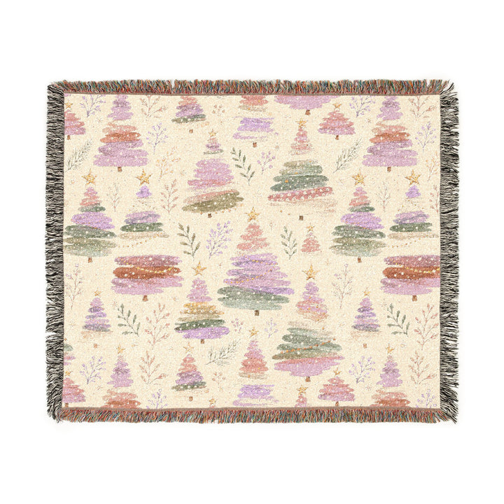 Pastel Christmas Tree Woven Blanket, Pink Lavender Sage Cotton Throw, Watercolor Holiday Sofa Decor