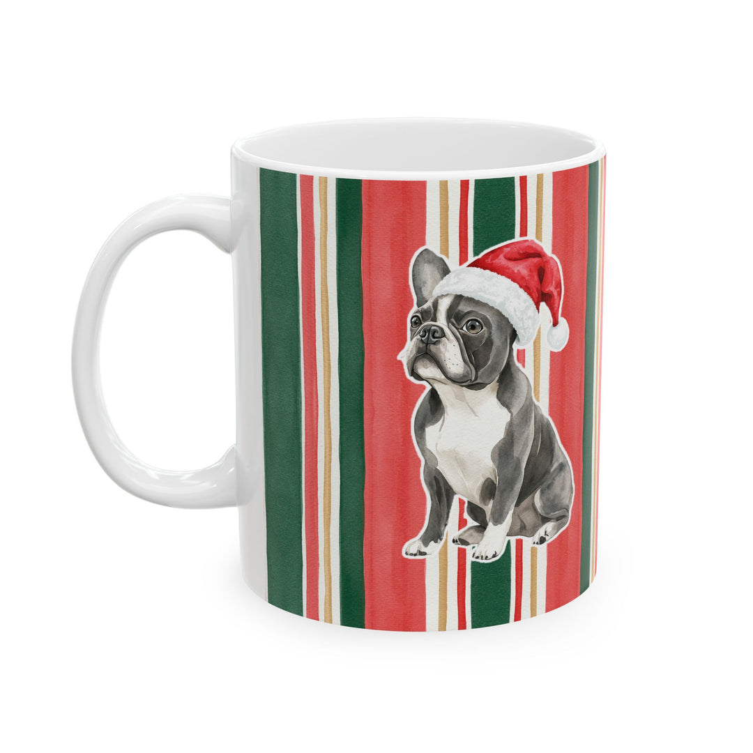 French Bulldog Christmas Mug, Classic Christmas Stripes, 11oz White Ceramic