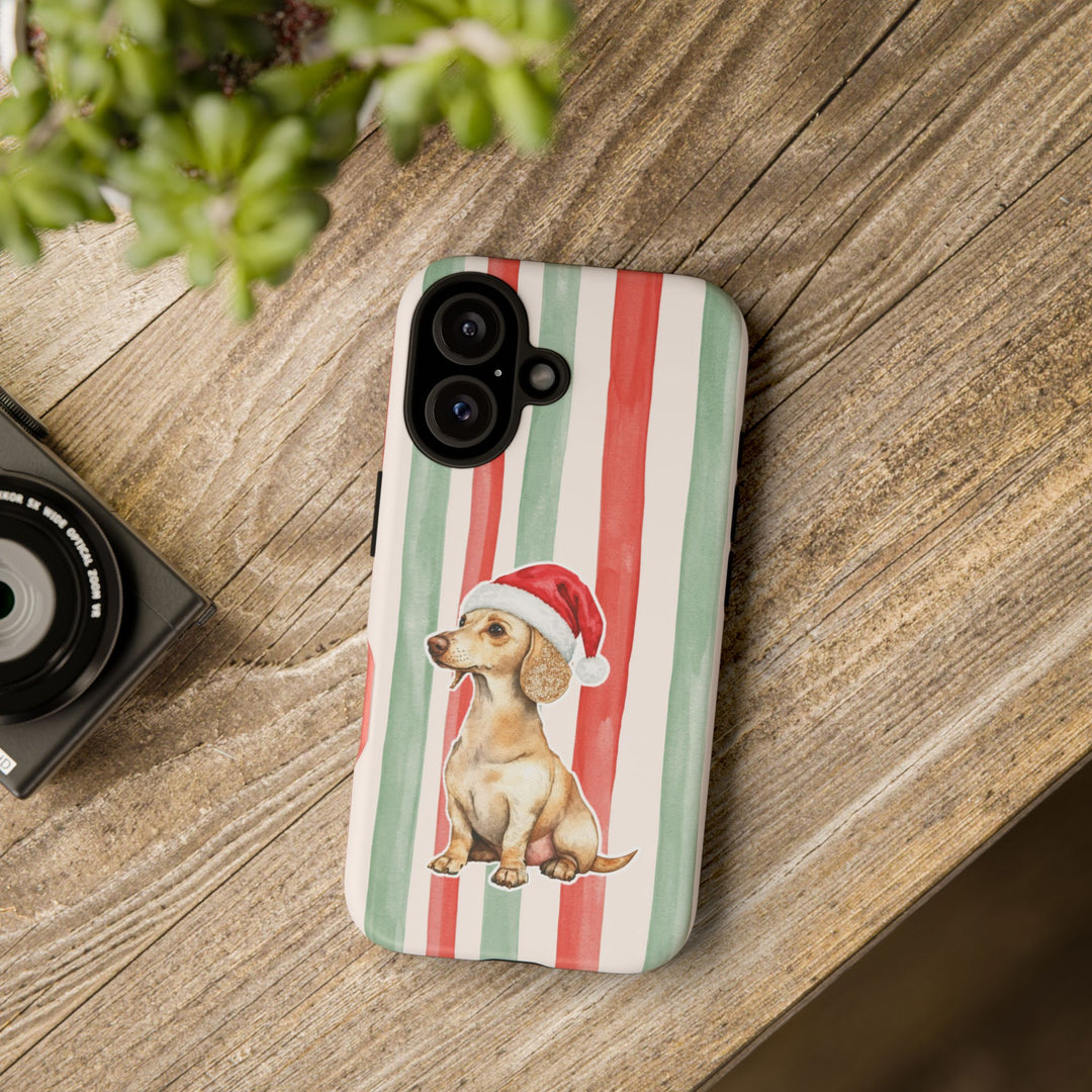 Dachshund Christmas Tough iPhone Case, Red Sage Stripes, Santa Dog Phone Cover