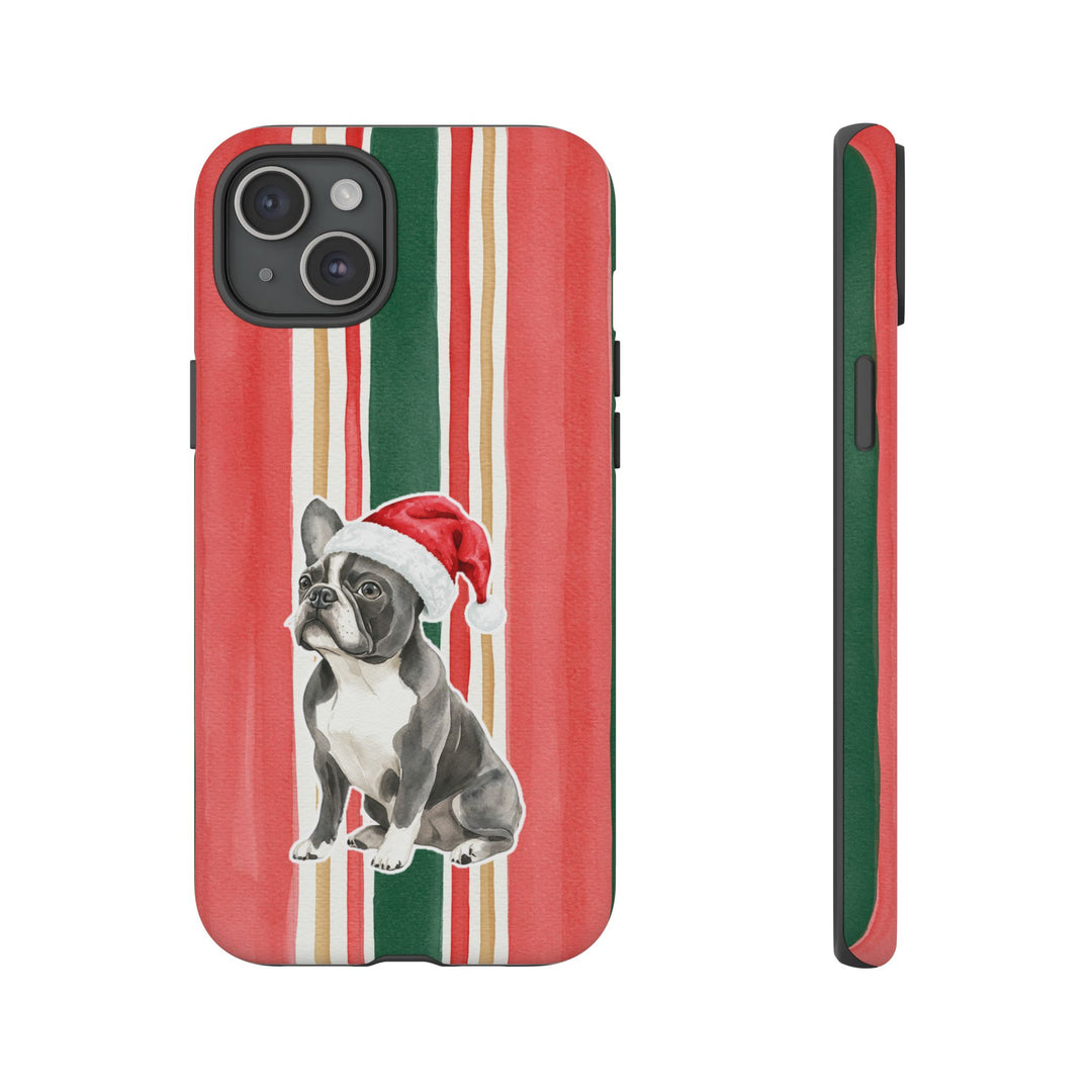 French Bulldog Christmas Tough iPhone Case, Classic Red Green Stripes, Santa Dog Phone Cover
